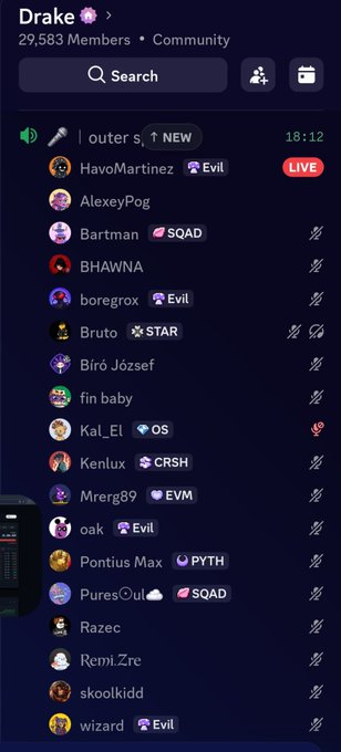 A screenshot of a Discord server named "Drake 🌸" with 29,583 members, showing a member list with various roles like "Evil", "SQAD", "STAR", and "OS".