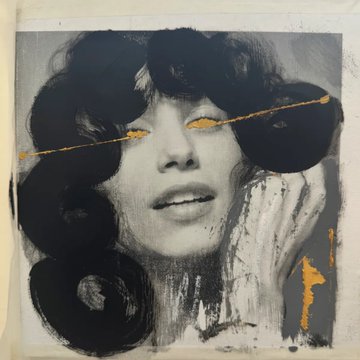 A mixed-media portrait painting of a woman with dark curly hair and golden horizontal streaks across her eyes, on a textured grey and black background.