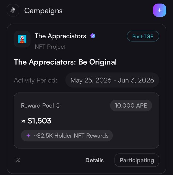 "A few hours left until the snapshot for @Appreciators_IO BE ORIGINL campaign. Snapshot: June 3rd, 11:59 PM EST, May 25th, 2021 - June 3rd, 2021. This is a project that has been active since the Ethereum days. The original reward pool was minted on January 26, 2016 and contains 10,000 APEs."