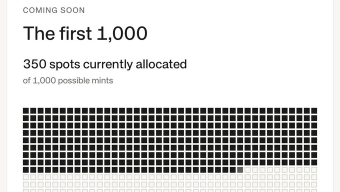 'Coming Soon: The first 1,000' progress graphic showing 350 spots currently allocated of 1,000 possible mints, visualized with filled and empty squares in a grid pattern.