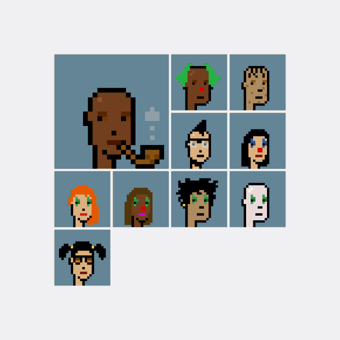 A pixel-art collage displays ten CryptoPunk portraits, with the prominently featured larger punk on the left representing #7813—the one acquired for Ξ39.99 ($71,280) by the wallet 0x645e…f9b4, who now holds this collection of 10 punks.