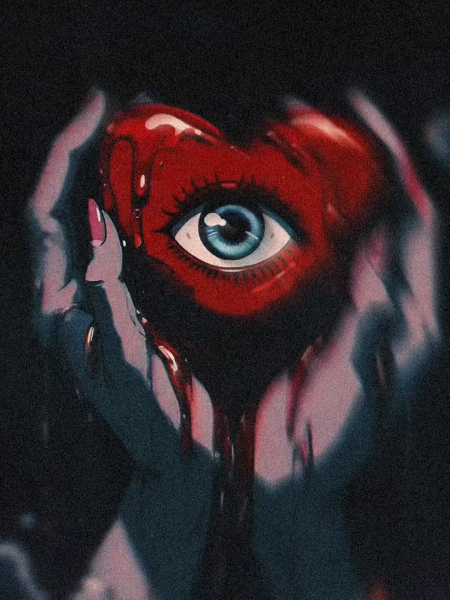 The image features a person's face with a red heart-shaped design, which has been painted over their eye. The heart appears to be dripping or oozing blood, adding an eerie and macabre element to the scene. The background of the image is dark, further emphasizing the intensity of the red heart on the person's face. The caption below the image reads "I have just collected 
My heart is bleeding but I’ll stay hopeful" by @Hedinft, which seems to be a reference or connection between the image and the post.
