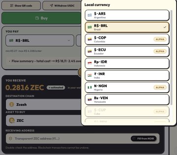 A cryptocurrency exchange interface showing a swap transaction where the user pays 18.11 BRL and receives 0.2816 ZEC, with a currency selection menu displaying options like ARS, BRL, COP, ECU, IDR, INR, NGN, VEN, and ZEC.