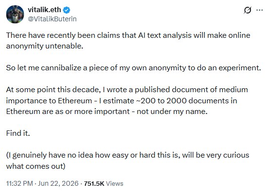 A screenshot of Vitalik Buterin's (@VitalikButerin) tweet from June 22, 2026, challenging users to find an anonymous Ethereum-related document he authored to test whether AI text analysis can break online anonymity. The post highlights that 13 days after his challenge, no one has successfully identified the document.