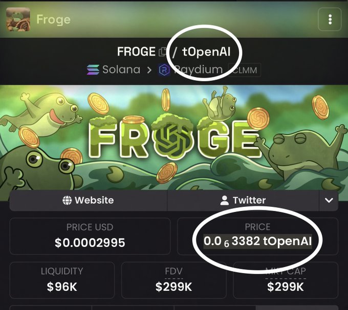 A cryptocurrency listing page for a token called 'FROGE' on Solana via Raydium CLMM, with the ticker and price humorously annotated as '/ tOpenAI' and '0.0_6382 tOpenAI' in white hand-drawn circles.