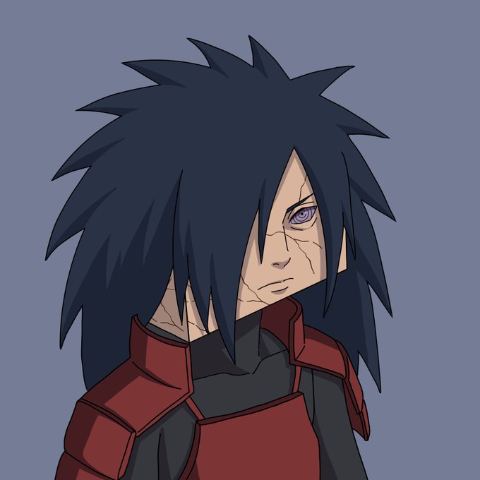 A stylized anime portrait of Madara Uchiha from Naruto, featuring spiky black hair, facial scars, a Sharingan eye, and red-and-black armor against a muted blue-gray background.