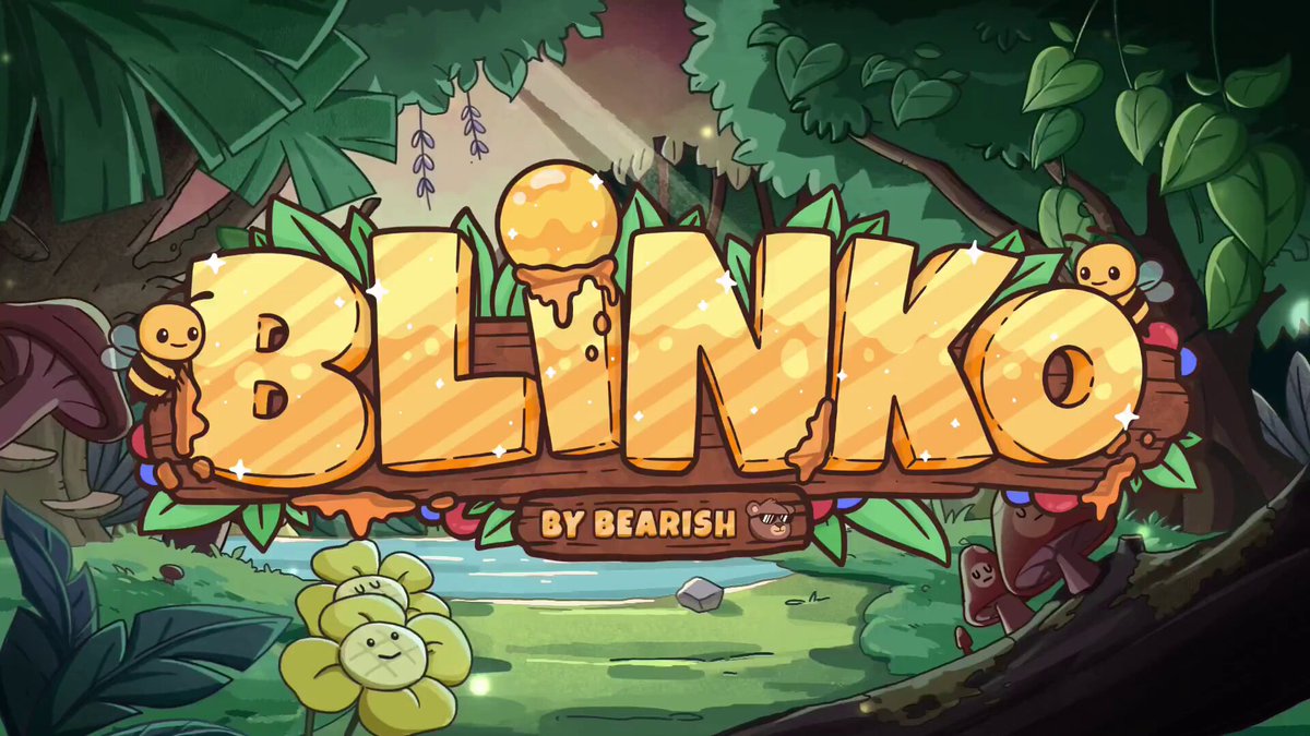 The image features a cartoon graphic of a forest with trees and flowers, along with the text "Blinko" written above it. The background includes a river flowing through the scene, surrounded by various plants and animals. The caption below the image reads "Happy 6 months of Blinko We are nearly at the 6th month mark since the launch of Blinko, its been wild! - Games Played: 1,360,190 - Unique Players: 5,714 - ETH Payouts: 4,643.59 - Max Win: 4.87".