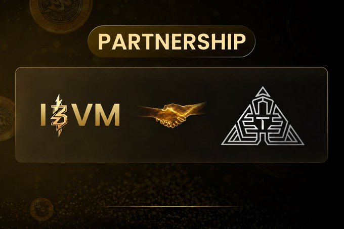 A partnership announcement graphic featuring the IBVM logo and a triangular Trikon logo connected by a golden handshake, with "PARTNERSHIP" displayed at the top against a dark background with coin accents. The image visually reinforces the collaboration between IBVM and Trikon (0xTrikon) as described in the post about integrating Trikon's AI-native Web3 Operating System into the IBVM ecosystem.