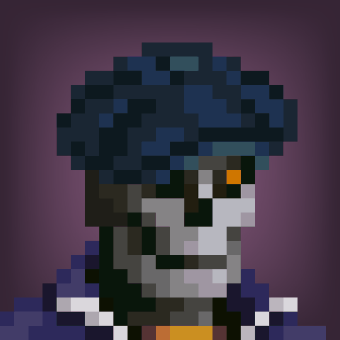 A pixel art portrait of a character with dark blue hair and a gray face against a purple background.