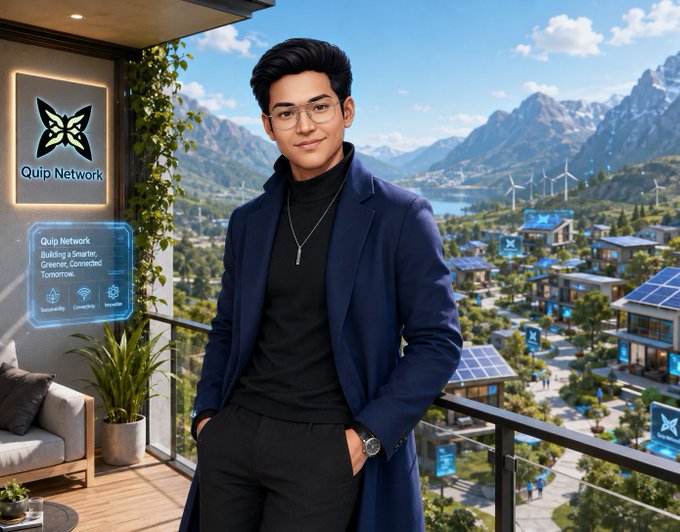 A young man wearing glasses, a black turtleneck, and a navy coat stands on a balcony overlooking a futuristic green city with solar panels, with a 'Quip Network' logo and description panel displayed beside him.