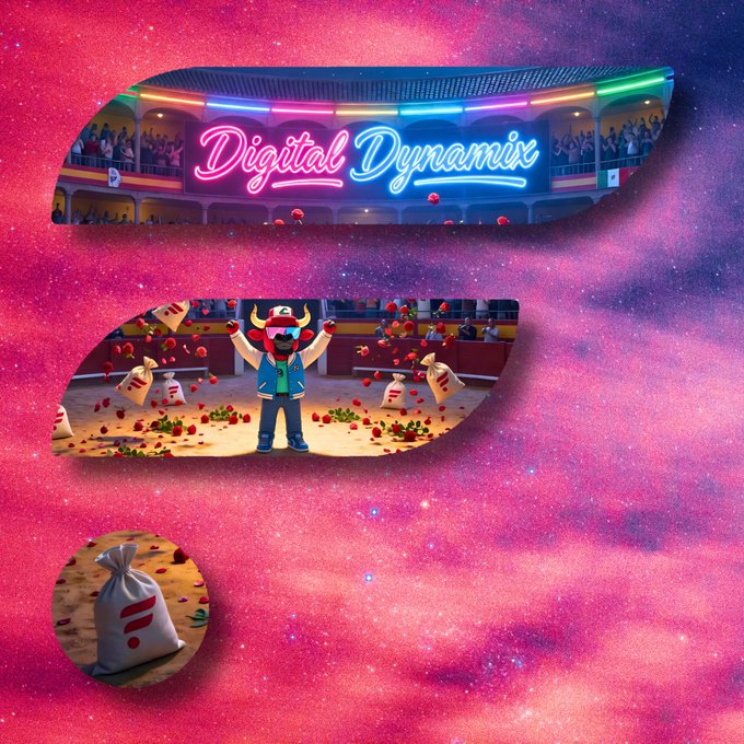 A digital collage with a pink cosmic background featuring three cutout images: a stadium with a 'Digital Dynamix' neon sign, a cartoon mascot celebrating with money bags and red tokens, and a single white money bag.