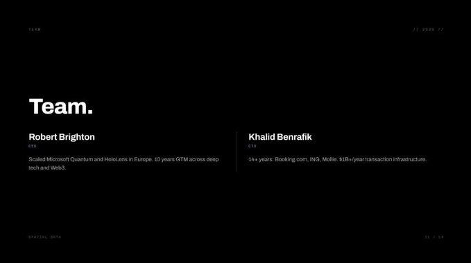 A minimalist black webpage screenshot for Vangrid.io displaying their "Team" page, featuring two members—**Robert Brighton (CEO)**, who "Scaled Microsoft Quantum and HoloLens in Europe. 10 years GTM across deep tech and Web3," and **Khalid Benrafik (CTO)**, with "14+ years: Booking.com, ING, Mollie. $1B+/year transaction infrastructure." The image visually supports the post's emphasis on Robert Brighton's strong background in deep tech and Web3 at Microsoft.