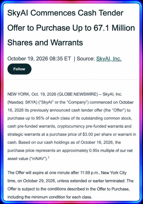 A news article graphic from SkyAI, Inc. dated October 19, 2026, announcing a cash tender offer to purchase up to 67.1 million shares and warrants at $3.00 per share.