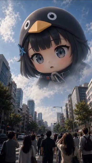 Anime-style illustration of a giant girl wearing a penguin hat towering over a city street, with crowds of people below looking up at her against a cloudy sky.
