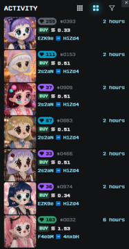 A mobile app activity feed displays NFT avatars with associated statistics, showing buy amounts, USD prices, token names like Z1ZZnN and ZR2wH, and processing times of 2 hours or 6 hours.