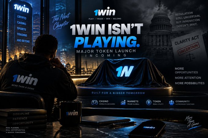 A promotional advertisement for '1win' with the headline '1WIN ISN'T PLAYING. MAJOR TOKEN LAUNCH INCOMING,' featuring sections for 'CRYPTO, CASINO, SPORTS, TRADING AND BEYOND.'