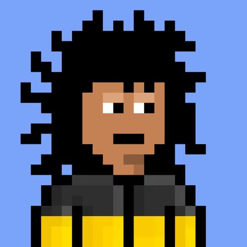 A pixel art character with dark skin, large black hair, and a yellow and black outfit, resembling a CryptoPunk, is displayed against a light blue background. The image relates to the post as a representation of a "v0 punk" NFT that the user acquired through a minting process.