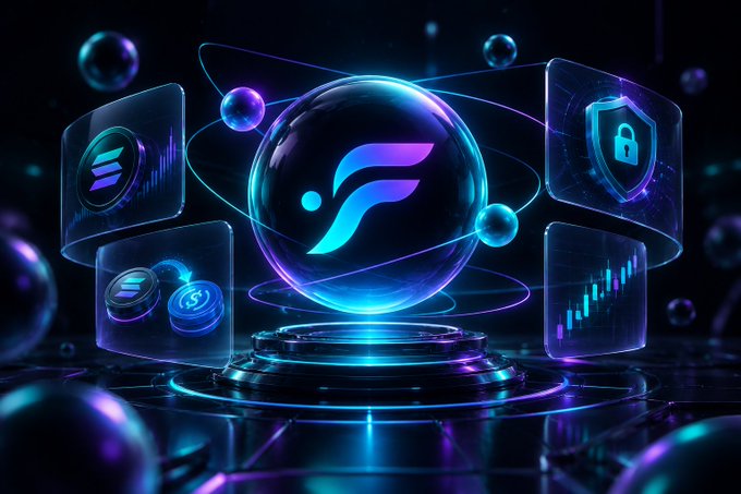A digital 3D rendering displays a glowing blue and purple orb with a stylized "F" logo at the center, surrounded by floating holographic panels showing charts and security icons against a dark background.