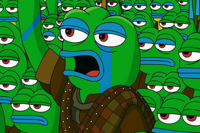 The image depicts Pepe the Frog, the iconic green cartoon character with red eyes and a blue mouth, shown in multiple overlapping copies with one prominent version wearing studded leather armor and shouting. The accompanying post about "Unstoppable $fefe" on Twitter aligns with Pepe's image, as "feels good man" (often abbreviated as "fefe") is a well-known Pepe meme phrase used in crypto communities to signal bullish sentiment.