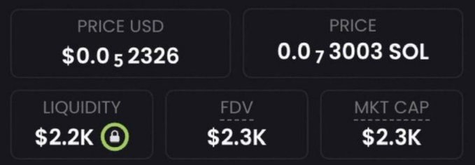 A screenshot displaying a token's financial metrics with a price of $0.052326 USD (0.073003 SOL), liquidity of $2.2K, and FDV/MKT cap of $2.3K, illustrating the extremely low market cap typical of newly launched memecoins being promoted in the accompanying "1000x potential" social media post.
