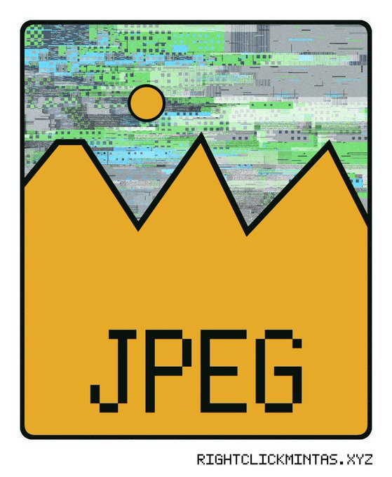 A JPEG file format icon featuring an orange mountain-like design with pixelated/glitchy top portion and the text "JPEG" in black letters. The watermark reads "RIGHTCLICKMINTAS.XYZ".