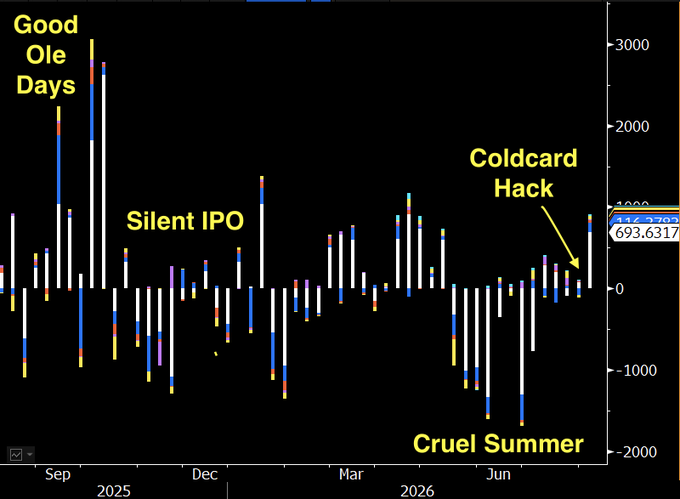 A candlestick chart showing Bitcoin price volatility from September 2024 through mid-2026, with annotations marking "Good Ole Days" near peaks around 3,000+, "Silent IPO" in late 2024, "Cruel Summer" at the bottom near -2,000, and "Coldcard Hack" in 2026. The chart visually reinforces the post's message to "Ignore BTC ETFs" by displaying extreme price swings—including a ~5,000 point range—suggesting that Bitcoin's dramatic volatility and event-driven price action are far more significant than ETF flows.