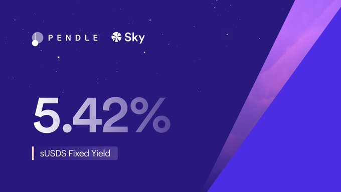 The image features a blue background with text, including the words "Pendle" and "Sky" displayed at the top of the scene. Below this title, there are two lines extending from the bottom left corner towards the top right corner of the image. Each line has a smaller white line below it which reads "5.42%". Further down on the same line, there is text that says "sUSDS Fixed yield through @pendle_fi is at 5.42% (26 Nov maturity)". Above this title and lines, there are two other lines - one from the top left corner that says "The current fixed rate on sUSDS through @pendle_fi is  5.42%" and another from the bottom right corner that says "2 ways to access yield on the world' s largest yield-generating stablecoin". The image focuses its attention solely on these lines of text, which provide information about the different fixed rates available for investing in sUSDS.
