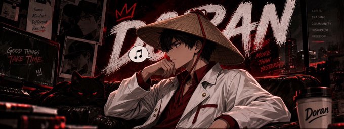 An anime-style illustration features a young man wearing a conical Asian hat and a white jacket with red accents, with a black cat beside him; stylized text reads 'DORAN' with the tagline 'MORE THAN YESTERDAY' and navigation menu items including 'ALPHA', 'TRADING', 'COMMUNITY', 'DISCIPLINE', and 'FREEDOM'.