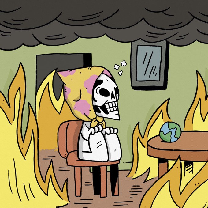 A cartoon drawing depicting a calico cat with a skull-like face sitting in a chair surrounded by flames, with a small Earth on a nearby table under dark clouds.