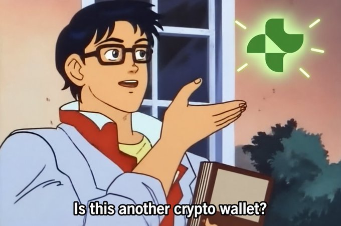 An anime-style meme showing a bespectacled man holding a book and gesturing toward a green glowing logo, with the caption 'Is this another crypto wallet?'