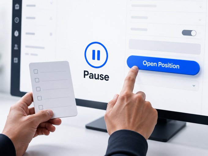 A hand hovers over an "Open Position" button on a screen displaying a "Pause" icon, symbolizing the importance of pausing to assess trading strategies. This visual directly supports the accompanying post's advice to thoroughly evaluate a trade before entering a futures position.