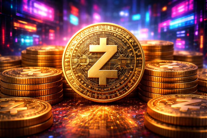 A pile of golden Zcash (ZEC) cryptocurrency coins gleams against a neon-lit city backdrop, symbolizing the digital currency at the center of the post's news about developers nearing a mathematical proof that the upcoming Ironwood shielded pool is free of hidden counterfeiting bugs. The prominent "Z" insignia on the coins visually anchors the story's focus on Zcash's privacy-focused blockchain technology and its latest security milestone.
