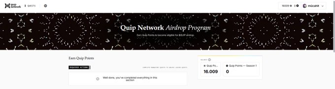 A screenshot of the Quip Network website showing the 'Quip Network Airdrop Program' header with the quip network logo on the left and an account balance showing 'Quip Points 16,009' and 'Quip Points — Season 1 0'.