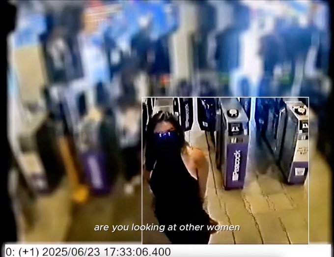 Surveillance footage timestamped 2025/06/23 17:33:06 shows a woman in a black tank top and sunglasses in front of lockers, with a subtitle reading "are you looking at other women".