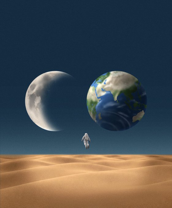 A surreal digital artwork showing an astronaut floating above a desert landscape, with both the Earth and a crescent moon hovering side by side in the dark sky.