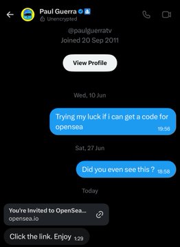 A mobile direct message conversation with Paul Guerra (@paulgueratv) showing messages about an OpenSea code and link invitation.