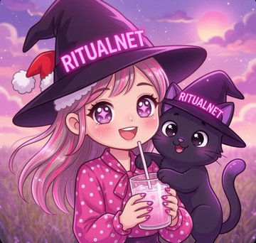 Anime-style illustration of a girl and a black cat both wearing witch hats labeled 'RITUALNET', with the girl holding a pink drink against a dreamy pastel sky.