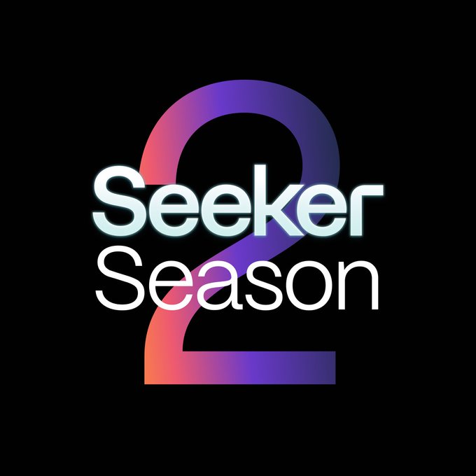 A graphic design featuring the text "Seeker Season 2" with a large gradient purple and pink number 2 over a black background.