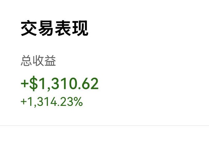The image displays "交易表现" (Trading Performance) showing a total return ("总收益") of "+$1,310.62" with a "+1,314.23%" gain. This corresponds to the post's mention of one coin earning 1,300 USD, highlighting the impressive percentage return achieved on the trade.