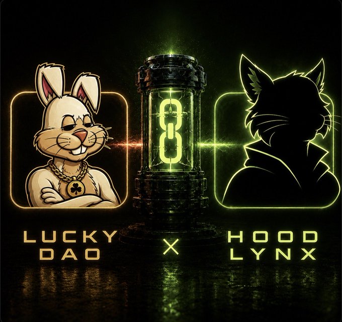 A promotional graphic displays the text "LUCKY DAO" and "HOOD LYNX" flanking a glowing chain-link cylinder, featuring a white rabbit character on the left and a green-outlined cat silhouette on the right.