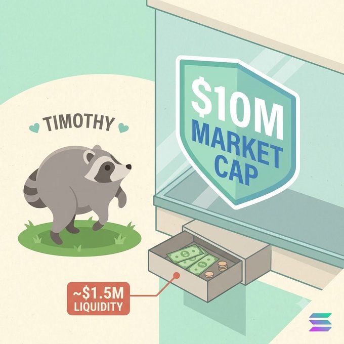 This image illustrates the $10M market cap of $Jimothy (Timothy the Raccoon), a Solana meme coin, contrasted with approximately $1.5M liquidity. The visual highlights the significant gap between the coin's valuation and its readily available liquidity, as mentioned in the post.