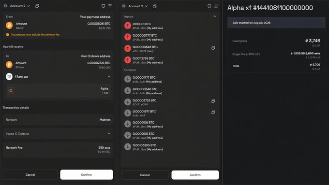 A screenshot of a Bitcoin Ordinals marketplace transaction showing two accounts with details for purchasing 'Alpha x1 #144108' with a fixed price of 3,746 sats, totaling 5,706 sats.