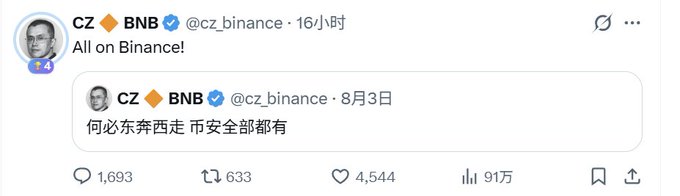 A screenshot of a tweet from CZ (cz_binance) quoting his previous post '何必东奔西走 市安全部都有' with the reply 'All on Binance!', showing 1,693 replies, 633 reposts, 4,544 likes, and 91K views.