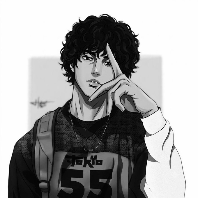 A black and white illustration of a young man with curly dark hair holding his hand up near his face, wearing a shirt that says 'akka 55' and a backpack.