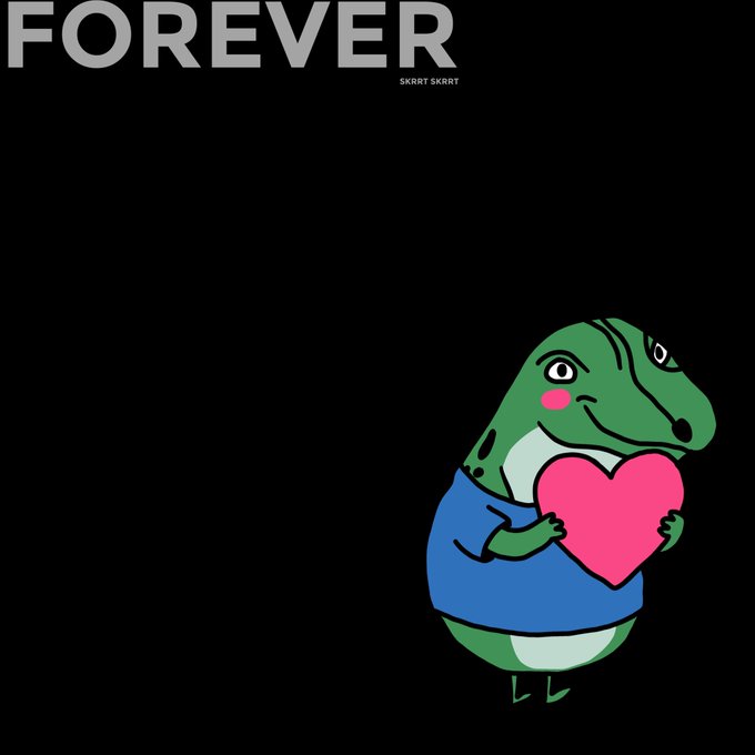 A black image features the word 'FOREVER' in white text at the top with 'SKRRT SKRRT' beneath it, and a cartoon Pepe the Frog character holding a pink heart.