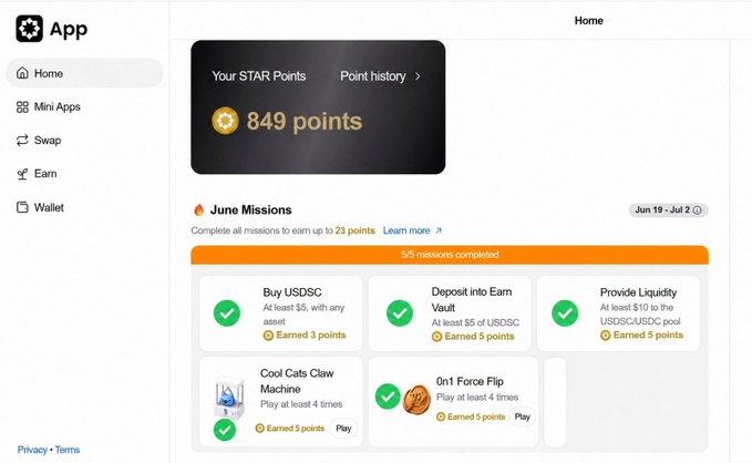 The image shows a screenshot of an App called Startale Airdrop, which is designed for users who want to download star points by completing missions. The app allows users to choose different missions based on their interests, and once they finish all the missions, they will receive up to 23 stars. Users can also use the app to earn points that can be redeemed in various ways. There are a total of eight missions available on the app right now, and it is live if you're farming the star points. If you don't have startale.com installed on your device or haven't completed all the required missions yet, the post suggests that you should startle airdrop new missions to be able to use the app effectively.