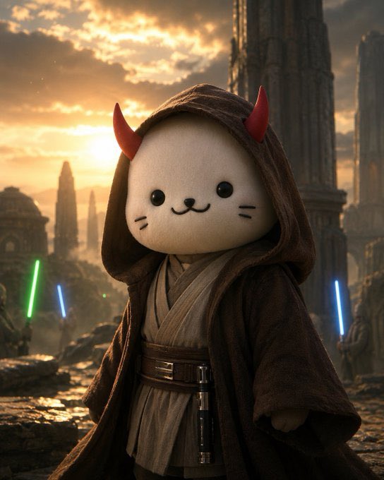 A cute plush cat dressed as a Jedi with red devil horns and a lightsaber stands against a sunset sci-fi backdrop, fitting the playful "GM" crypto meme by blending wholesome and mischievous Star Wars energy with Ethereum ($ETH) culture.