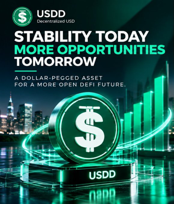 A promotional graphic for "USDD - Decentralized USD" featuring a glowing green dollar coin with the slogans "STABILITY TODAY MORE OPPORTUNITIES TOMORROW" and "A DOLLAR-PEGGED ASSET FOR A MORE OPEN DEFI FUTURE."