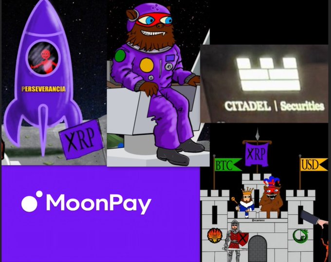 The collage shows clues aligning with a bullish XRP narrative: a purple "Perseverancia" rocket carrying XRP toward the moon, MoonPay's logo, Citadel Securities, and a cartoon castle scene featuring an XRP flag flanked by BTC and USD banners. These visual pieces connect the "puzzles fitting together" to suggest XRP's rise is being orchestrated by traditional finance players like Citadel and crypto onramps like MoonPay.