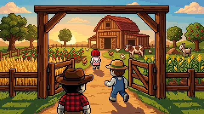 A pixel art illustration depicts two farmers in plaid shirts and wide-brimmed hats walking through a wooden gate toward a classic red barn at sunset, with cows, chickens, and rows of crops completing the idyllic farm scene—capturing the rustic, pastoral theme of the "The farm is opening" NFT mint announcement with its scheduled allowlist and public mint times.